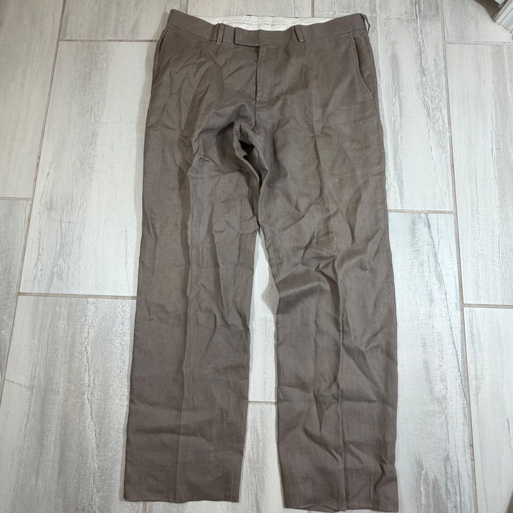 Hugo Boss Parker Mens 36R Brown Linen Blend Straight Leg Flat Front Dress Pants